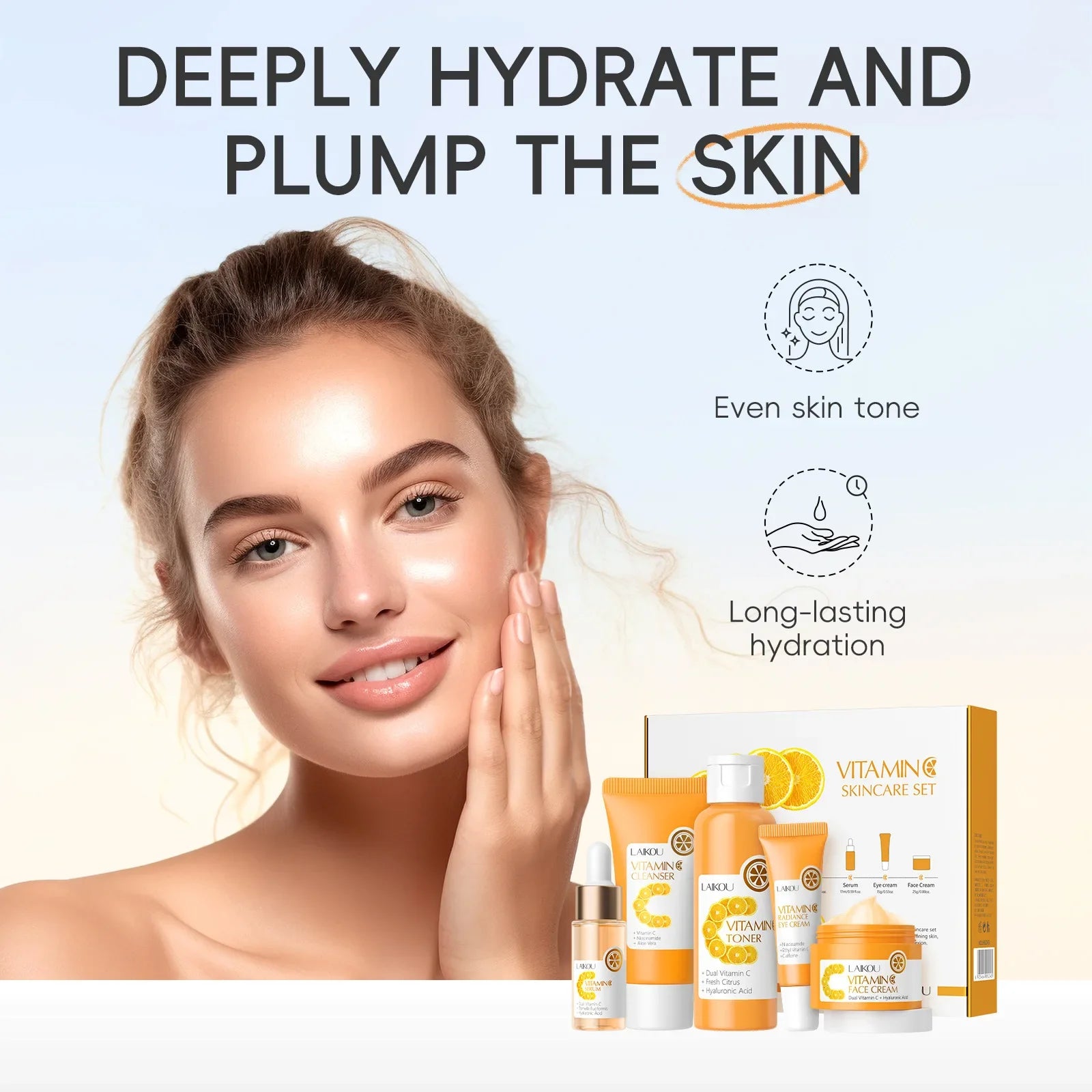 Vitamin C Skincare 5pcs Set Facial Care Brightening Essence Cream Serum Cleanser Toner Eye Cream Moisturizing