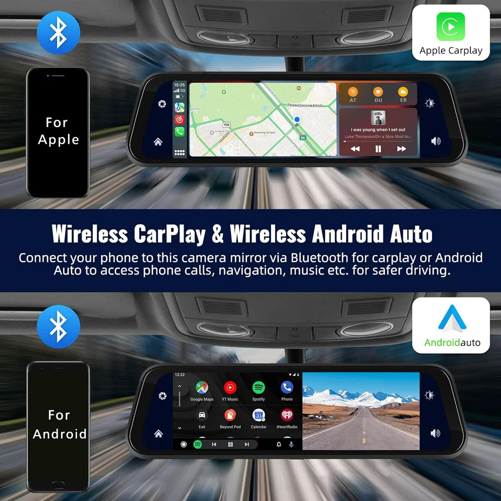 10" Dash Cam 4K CarPlay & Android Auto – 5G WIFI GPS Rearview Mirror DVR