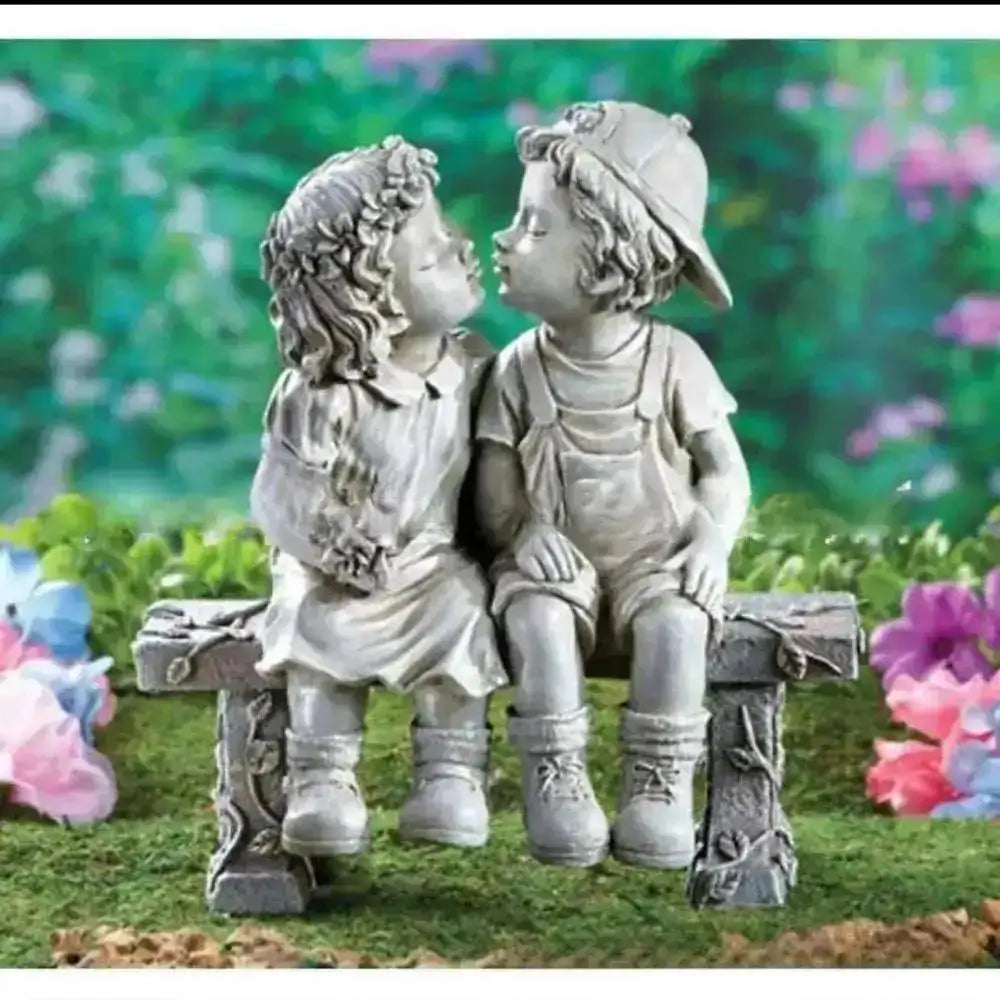 Garden Decor Endearing Sculpture Kids Sharing A Kiss on The Bench Living Room Decoration Fairy Garden Decorative Figurines