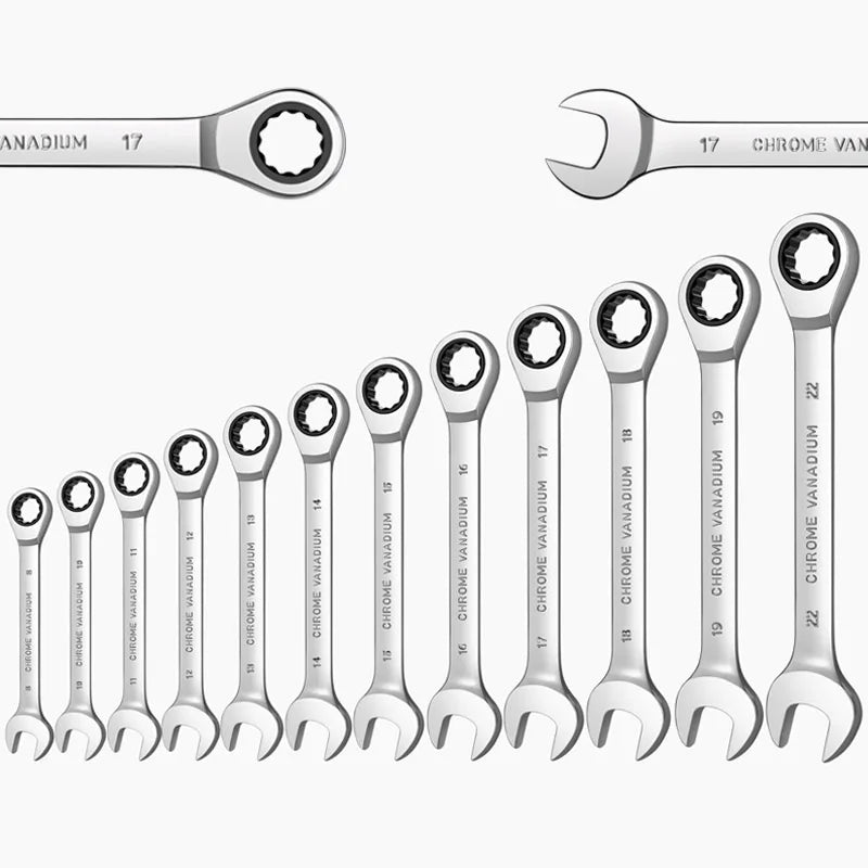 Ratcheting Wrench Set Metric and Standard 12-Point Box End Combination Spanner Gear Wrench Garage Tool Set,CR-V Full Polished