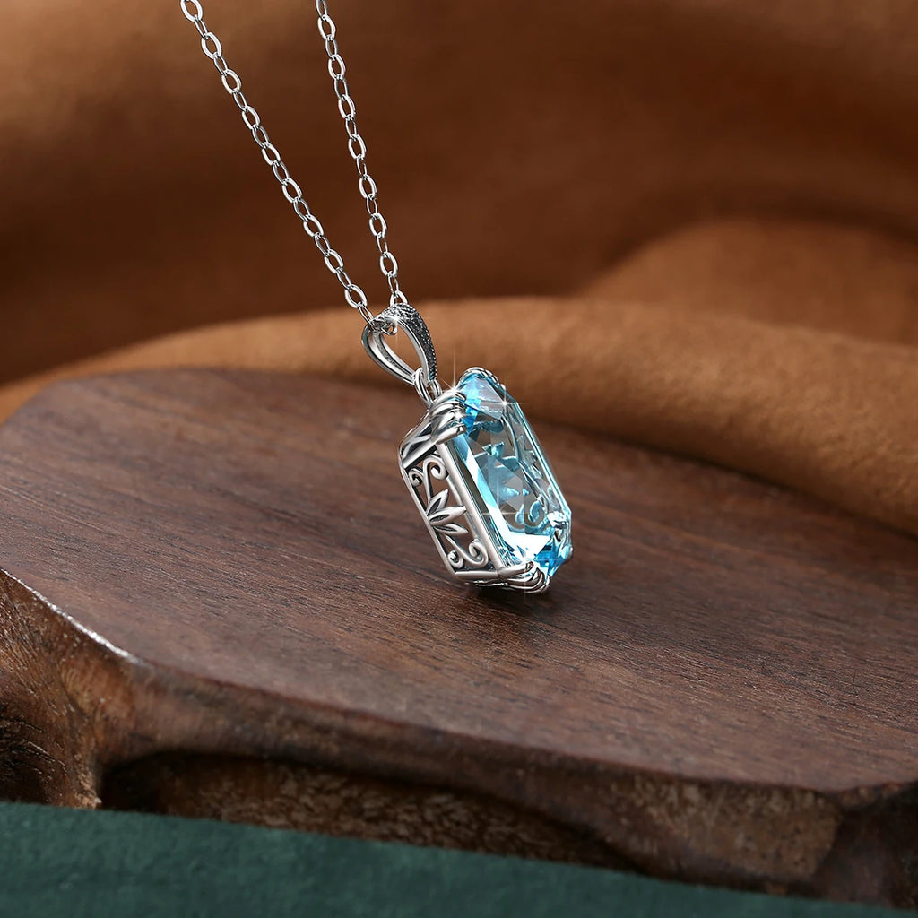 925 Sterling Silver Necklace For Women Luxury Aquamarine Gemstones Pendant Neck Chain Fine Jewelry Filigree Design
