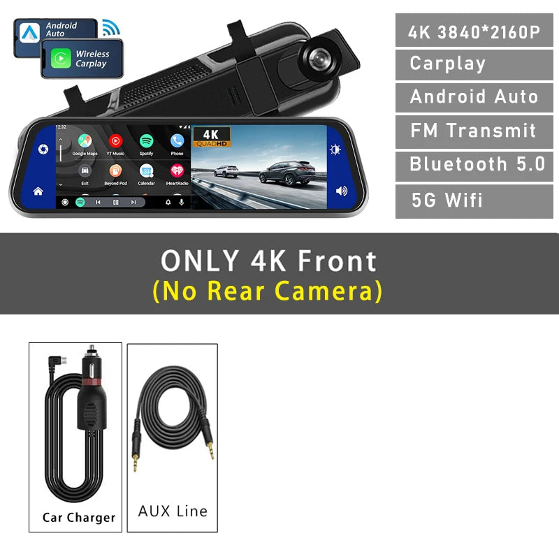 10" Dash Cam 4K CarPlay & Android Auto – 5G WIFI GPS Rearview Mirror DVR