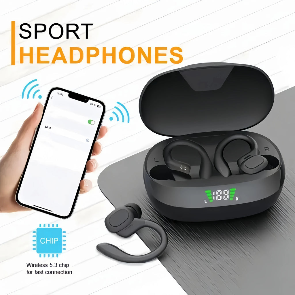 True Wireless Earbuds TWS – Sports Ear Clip Headphones with Mic & LED Display