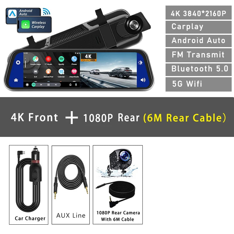 10" Dash Cam 4K CarPlay & Android Auto – 5G WIFI GPS Rearview Mirror DVR