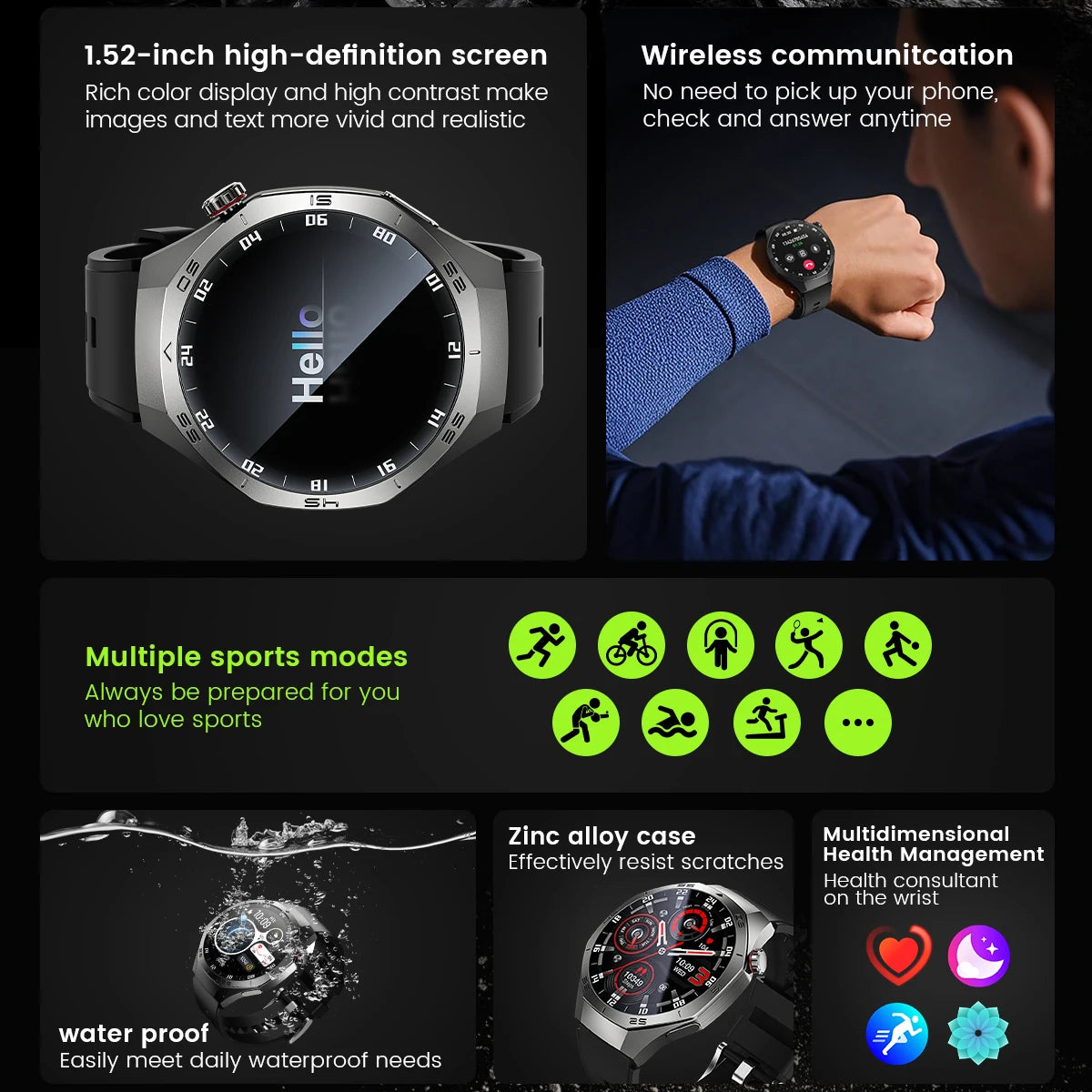 2025 New SmartWatch Men HD AMOLED 1.52" – GPS, Heart Rate, BT Calls, Motion Tracking