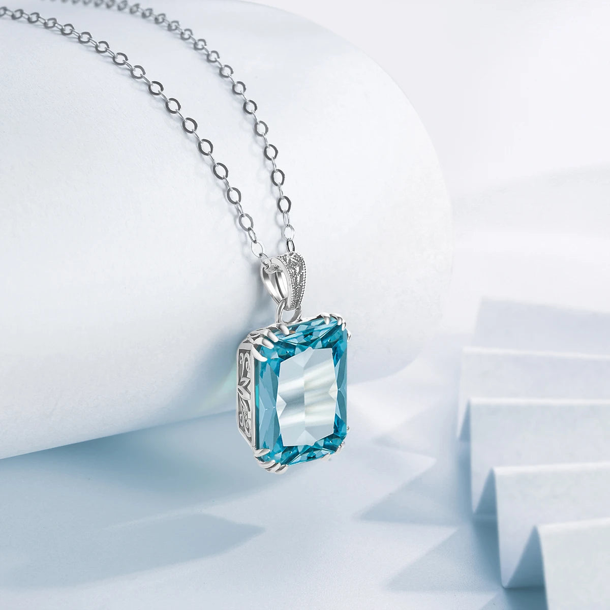 925 Sterling Silver Necklace For Women Luxury Aquamarine Gemstones Pendant Neck Chain Fine Jewelry Filigree Design