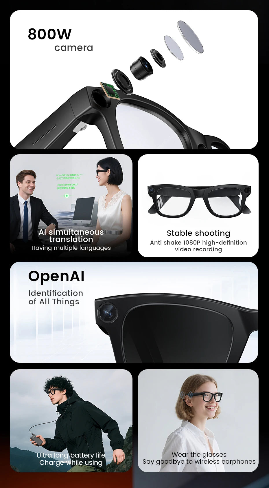 Smart Glasses HD Camera Bluetooth AI Translation – Black Sunglasses