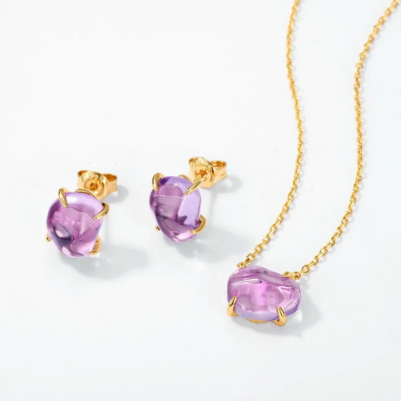 Certificated 925 Silver Natural Amethyst Necklace, Earring & Ring Set – Oval Irregular Real Stone Bezel Setting