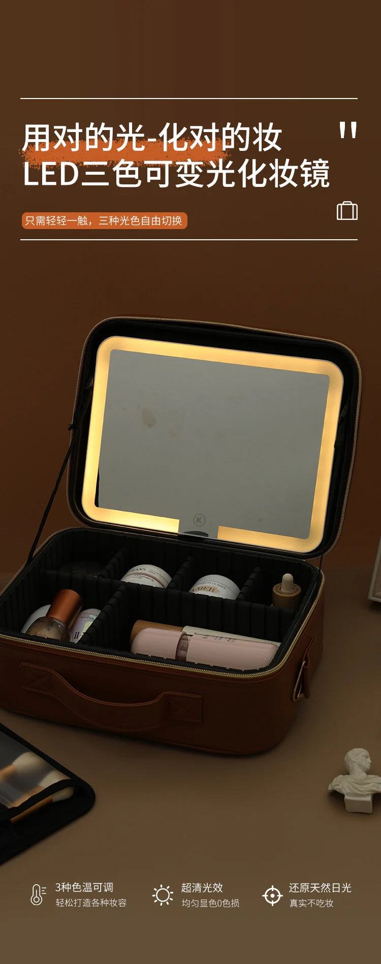 Luxury Makeup Bag LED Light Strip Mirror Makeup Case Portable Large Capacity Detachable Partition Storage Makeup Case