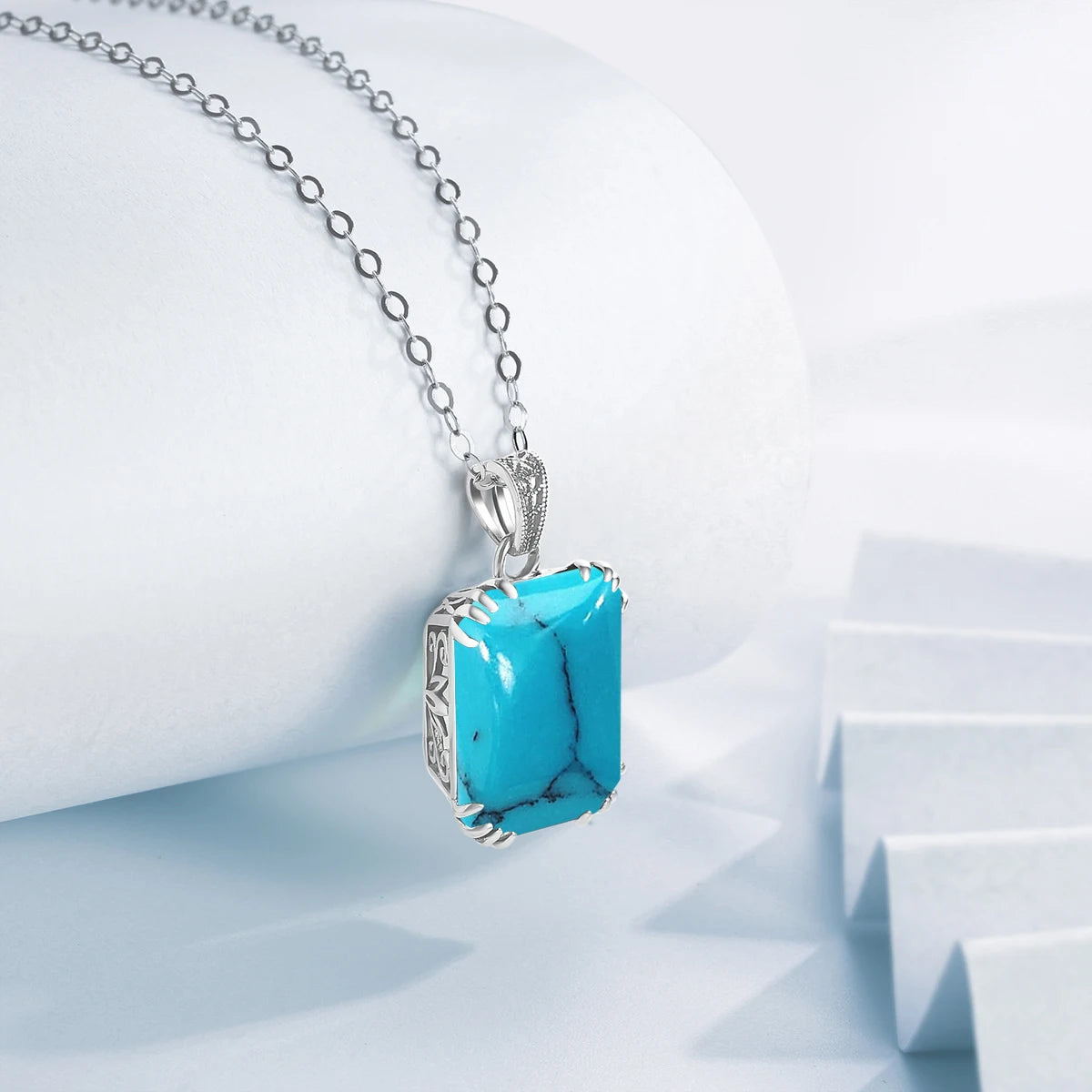 925 Sterling Silver Necklace For Women Luxury Aquamarine Gemstones Pendant Neck Chain Fine Jewelry Filigree Design