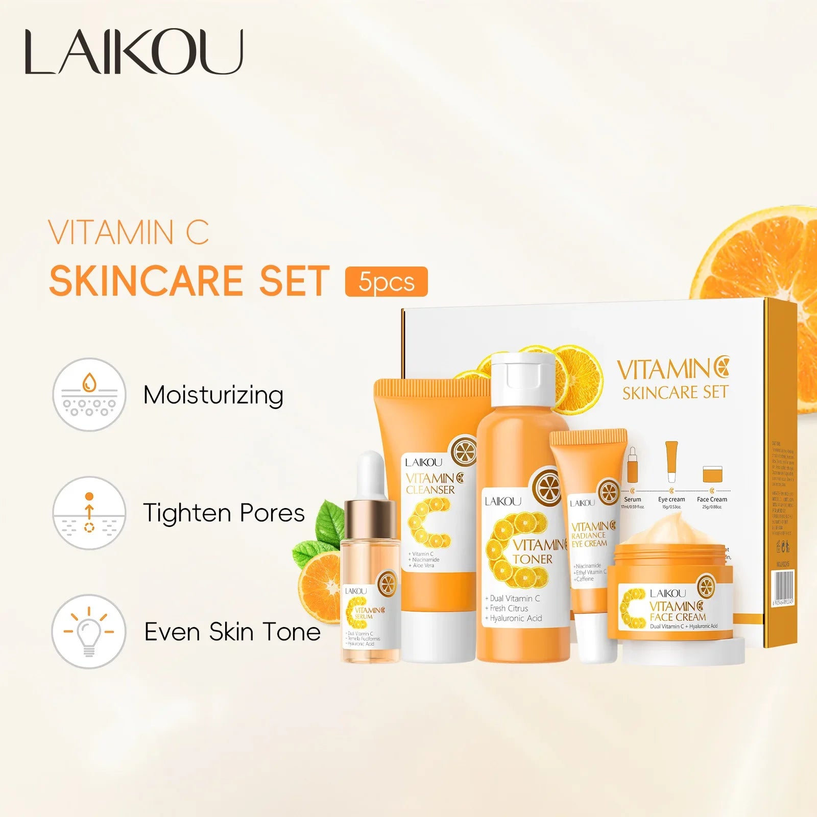 Vitamin C Skincare 5pcs Set Facial Care Brightening Essence Cream Serum Cleanser Toner Eye Cream Moisturizing