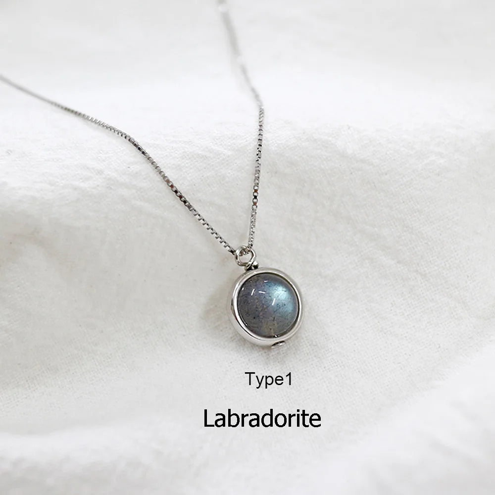 Real Pure 925 Sterling Silver Labradorite Pendant Necklace With Box Chain Simple Elegant Natural Gemstone Collier For Women