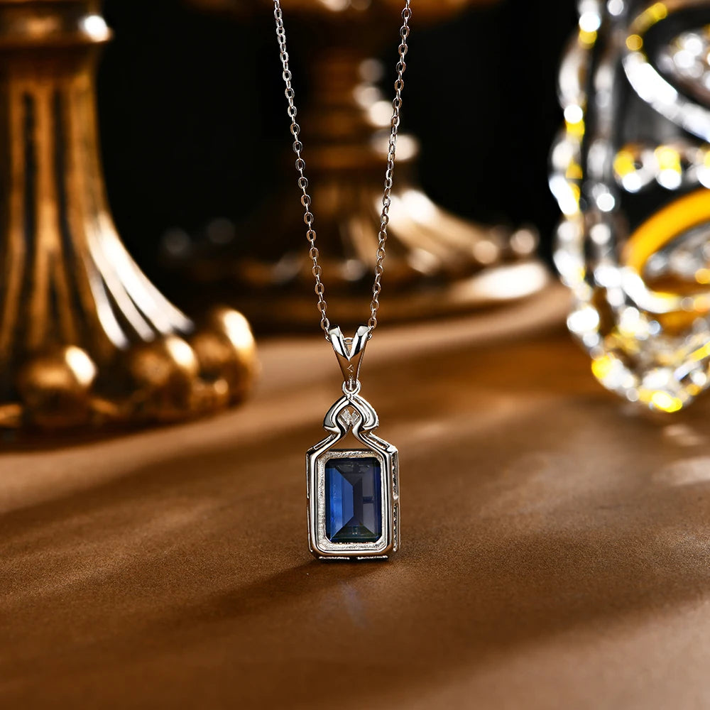 ATTAGEMS New Asscher Cut 14*10mm Blue Sapphire 925 Sterling Silver Necklace for Women Diamond Wedding High Quality Jewelry Gifts