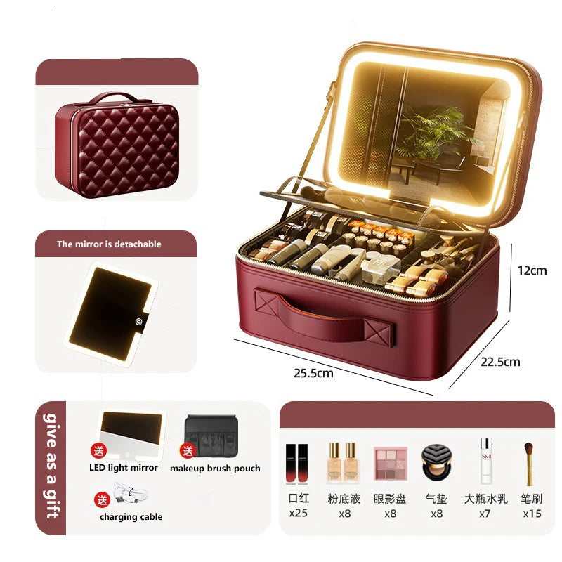 Luxury Makeup Bag LED Light Strip Mirror Makeup Case Portable Large Capacity Detachable Partition Storage Makeup Case