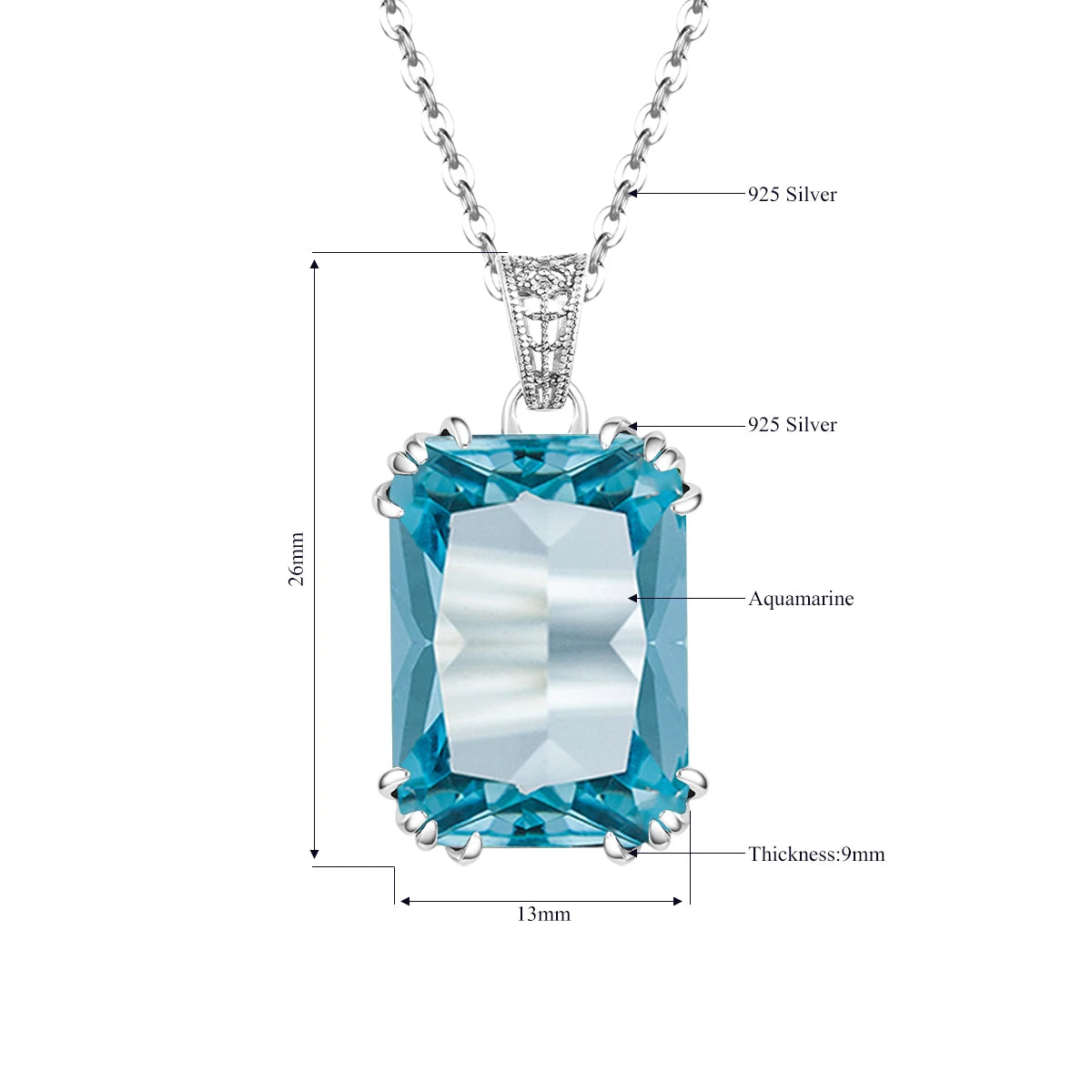 925 Sterling Silver Necklace For Women Luxury Aquamarine Gemstones Pendant Neck Chain Fine Jewelry Filigree Design