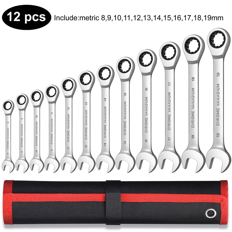 Ratcheting Wrench Set Metric and Standard 12-Point Box End Combination Spanner Gear Wrench Garage Tool Set,CR-V Full Polished