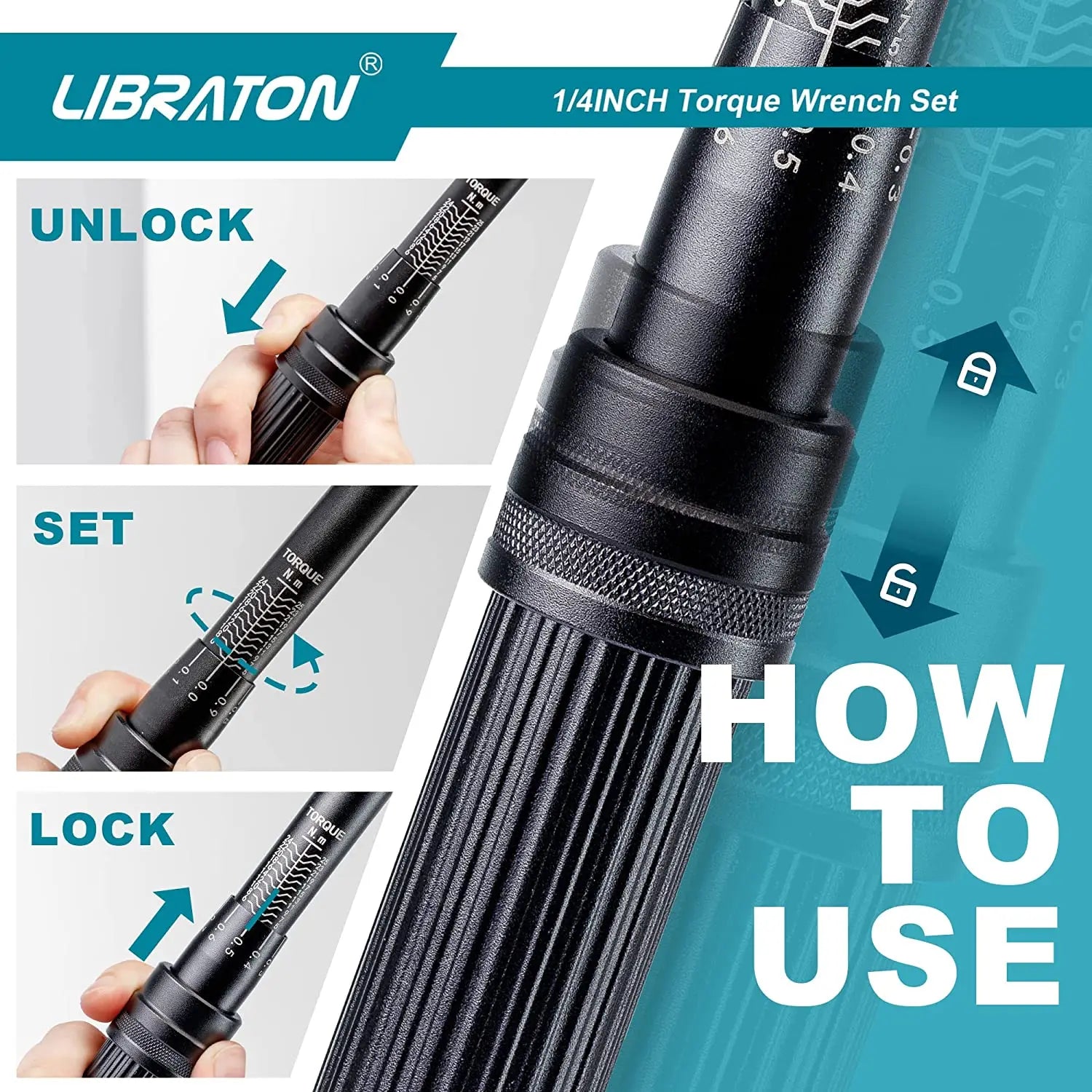 Bike Torque Wrench 1/4'', 5-25Nm, 0.1Nm Micro, Drive Click Torque Wrench Set, Hex, Torx/Star Bit Sockets, Extension Bar