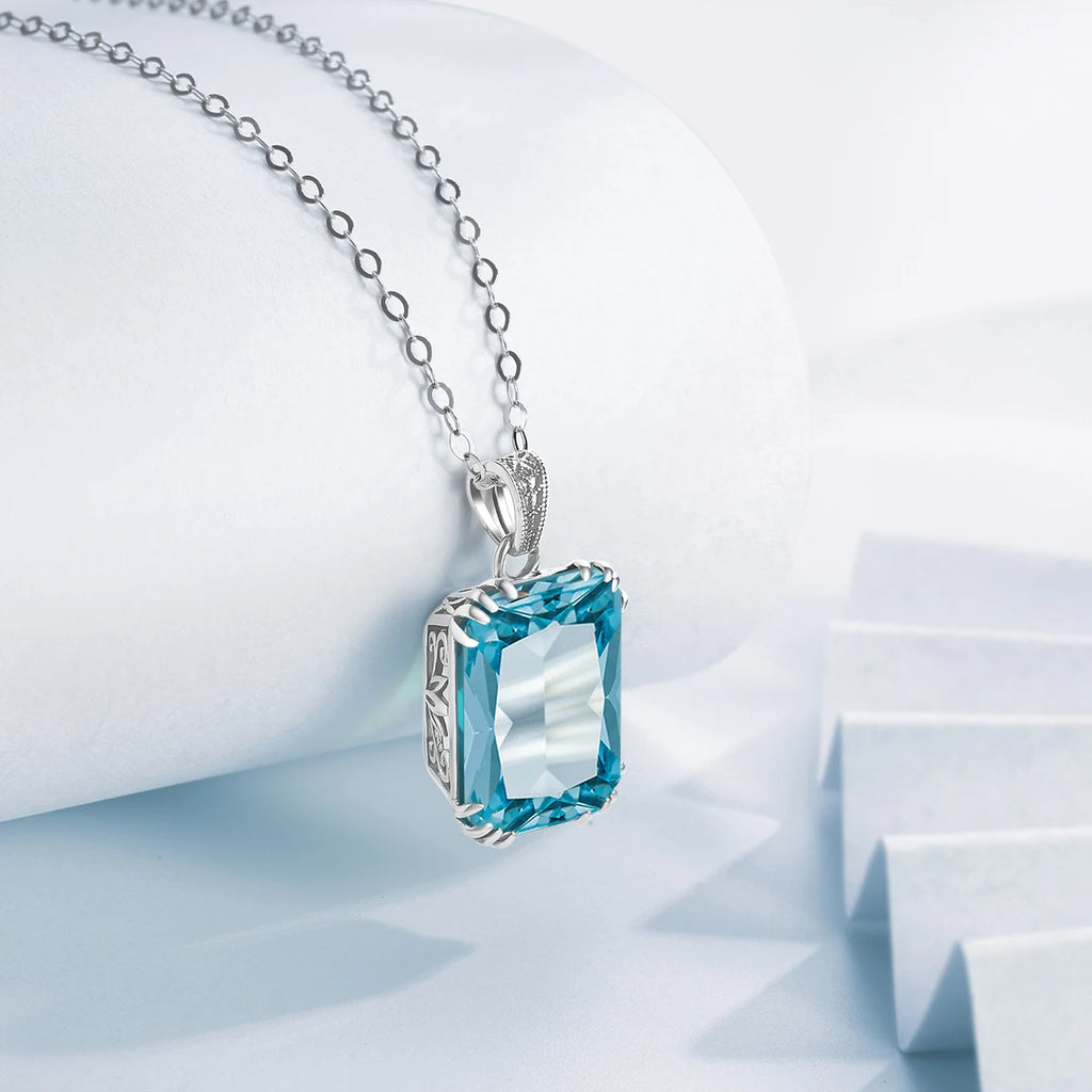 925 Sterling Silver Necklace For Women Luxury Aquamarine Gemstones Pendant Neck Chain Fine Jewelry Filigree Design