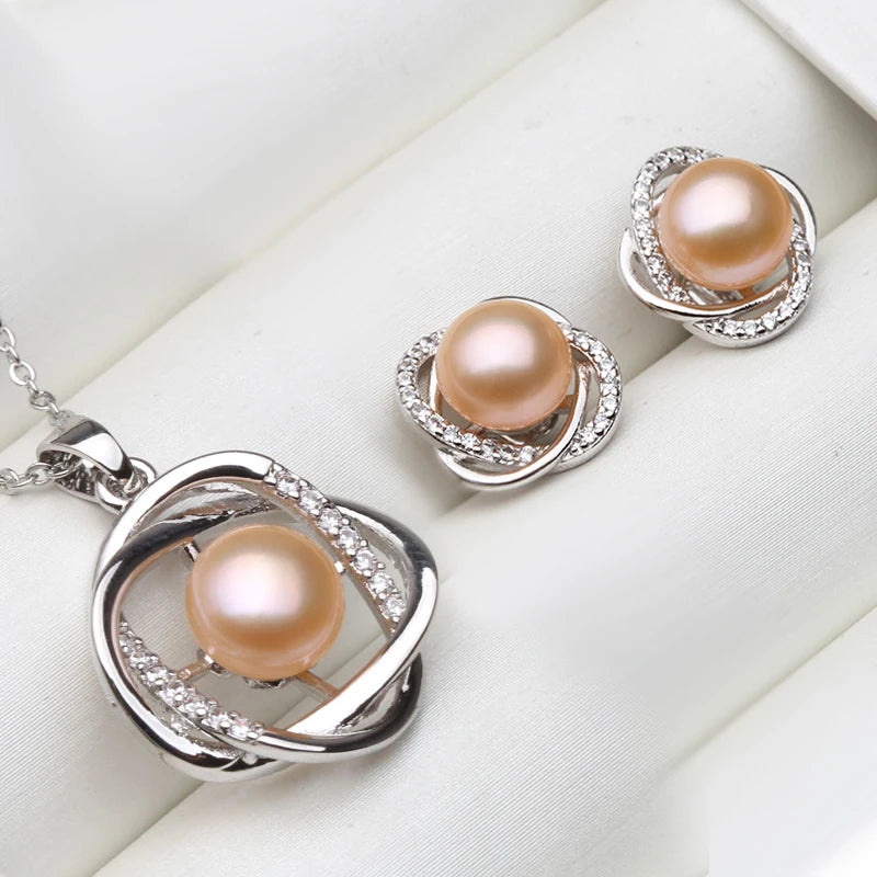 Real 925 Sterling Silver Necklace Earring Sets Women,Classic Wedding Natural Pearl Pendant Sets White Black Grey Gift