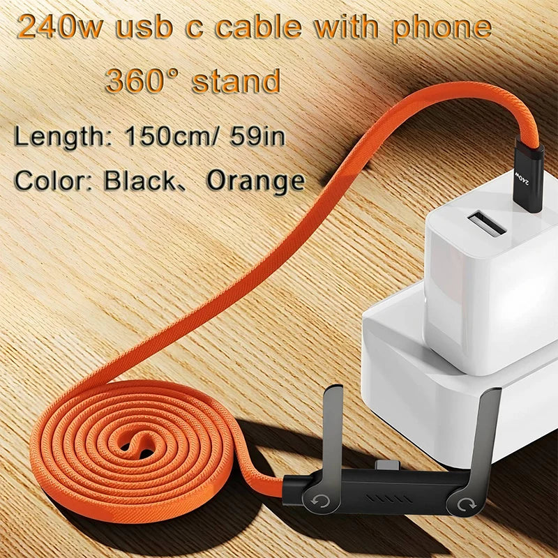 240W USB-C Charging Cable with Foldable Phone Stand – USB-C to C, iPhone 15-17 & Android
