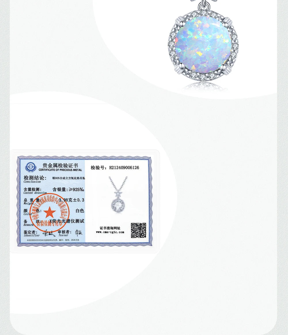 Shiny 925 Silver Necklace 9mm Round Opal Stone Pendant Beach Lover Gift Ocean Inspired Everyday Jewelry for Women Sensitive Skin
