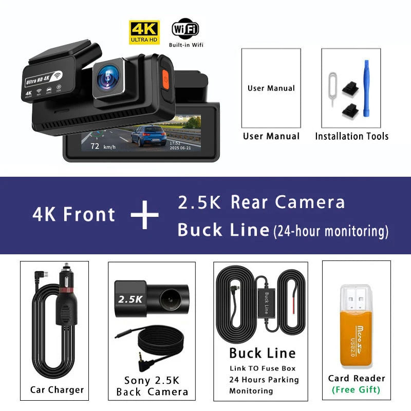 ADAS Dash Cam 4K+2.5K – GPS WIFI 24H Night Vision ADAS Optional Rear Lens