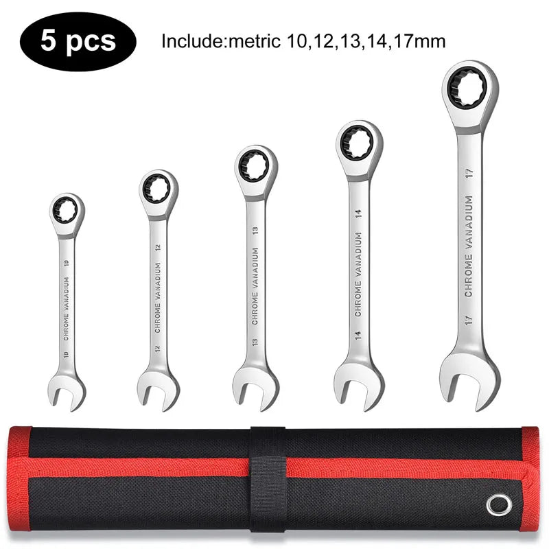 Ratcheting Wrench Set Metric and Standard 12-Point Box End Combination Spanner Gear Wrench Garage Tool Set,CR-V Full Polished