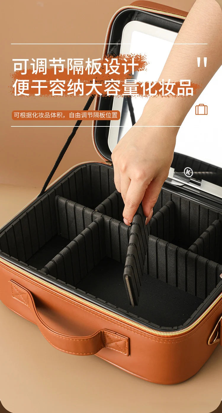 Luxury Makeup Bag LED Light Strip Mirror Makeup Case Portable Large Capacity Detachable Partition Storage Makeup Case