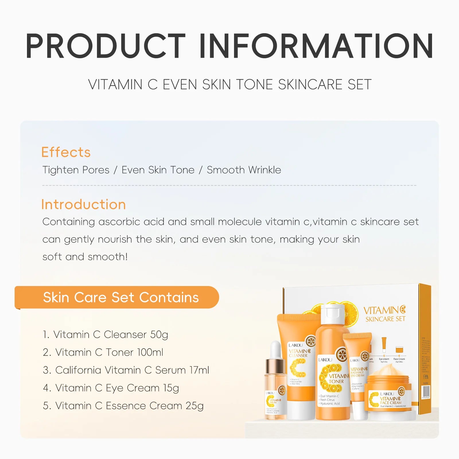 Vitamin C Skincare 5pcs Set Facial Care Brightening Essence Cream Serum Cleanser Toner Eye Cream Moisturizing