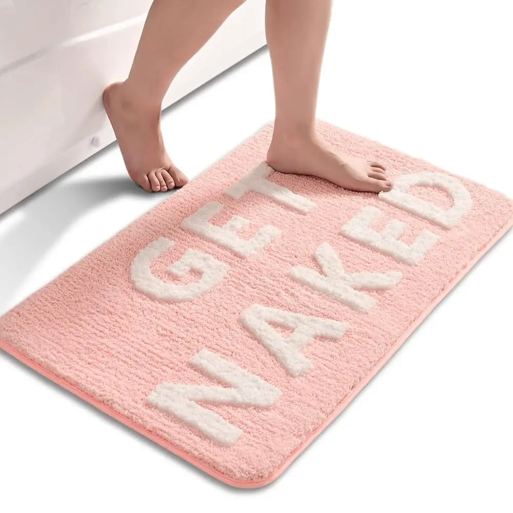 Pink and White Bath Mat Cute Non Slip Get Naked Bathroom Rugs Machine Washable Super Absorbent Floor Carpet Tub Shower Bedroom