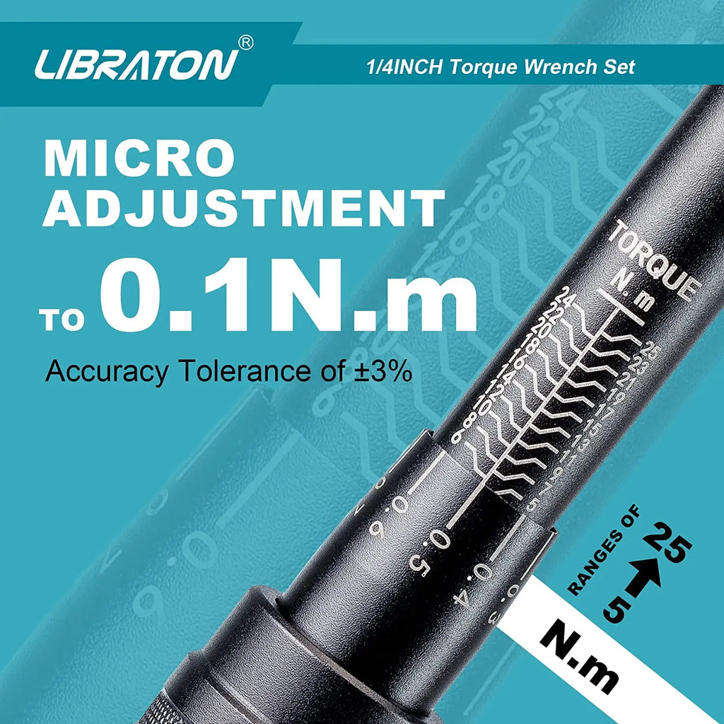 Bike Torque Wrench 1/4'', 5-25Nm, 0.1Nm Micro, Drive Click Torque Wrench Set, Hex, Torx/Star Bit Sockets, Extension Bar