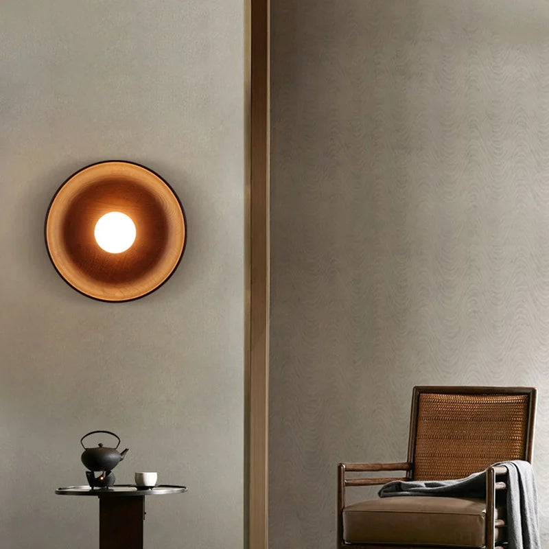 Nordic Modern Home Decor Wall Lamps Nature Solid Wood Body Round Plate Sconce Lights LED Bedroom Corridor Simple Design Lustres