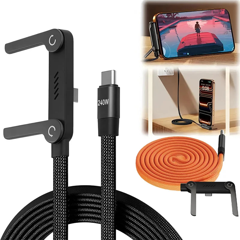 USB Type-C 240W Super Fast Charging Cable 2-in-1 Folding Holder For iPhone 15-17 Android Phone Charger Cable USB To C, C To C