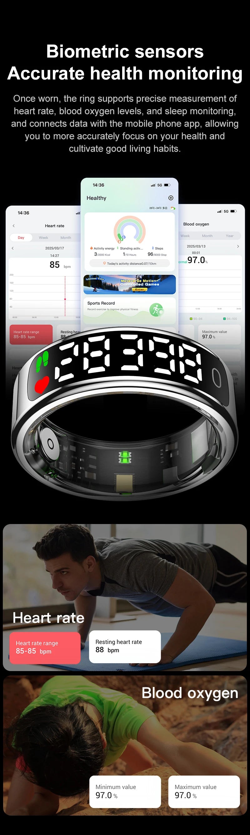 Smart Ring with Charging Case – Fitness Tracker, Sleep Monitor, Pedometer, IP68