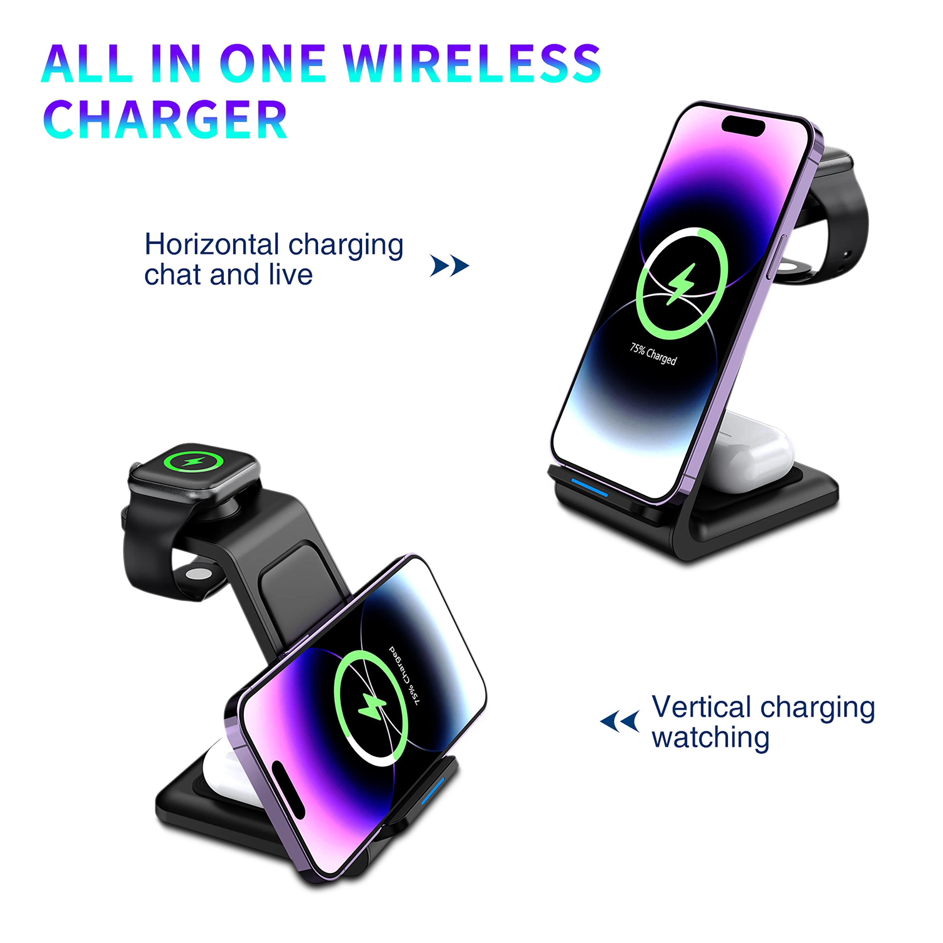 Wireless Charger iPhone Charging Station 3 in 1 Charger Stand Multiple Devices for iPhone 17 16e 16 15 14 Pro Max 13 12