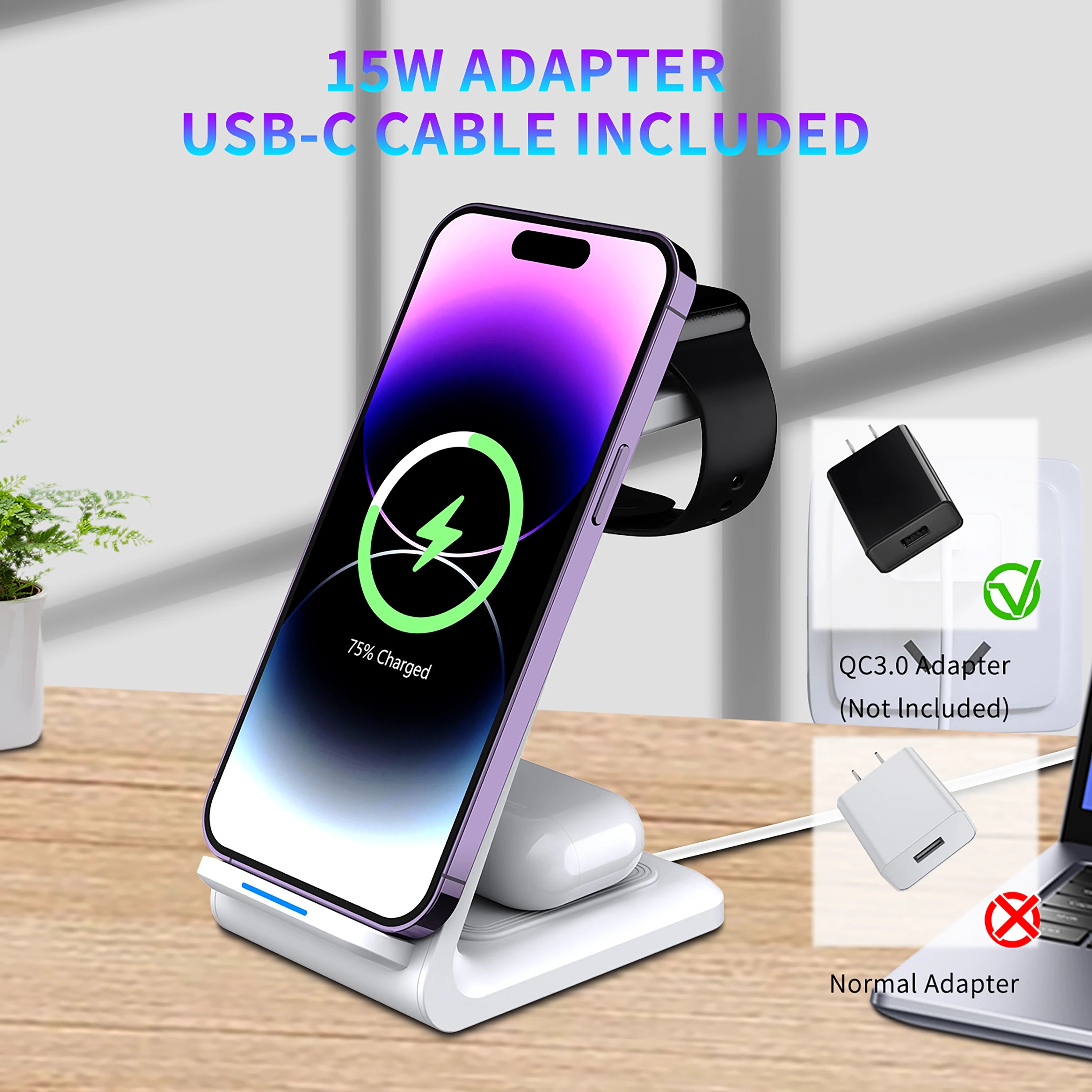 Wireless Charger iPhone Charging Station 3 in 1 Charger Stand Multiple Devices for iPhone 17 16e 16 15 14 Pro Max 13 12