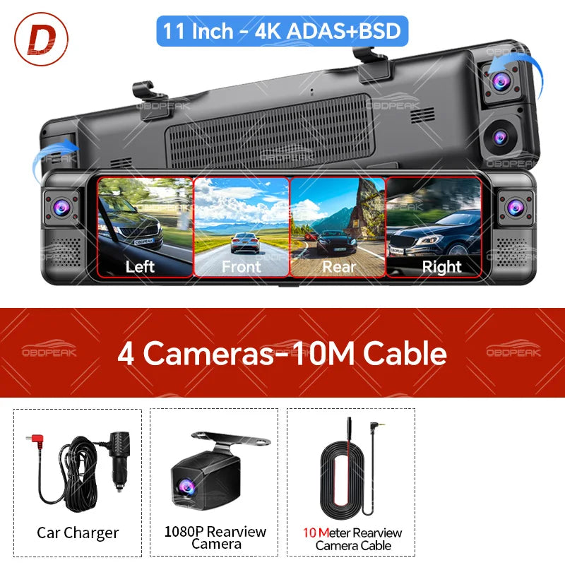 4-Channel 360° Dash Cam 11" 4K+1K+1K+1K – WIFI ADAS BSD Night Vision 24H Parking Monitor