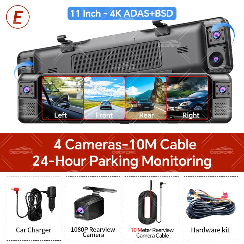 4-Channel 360° Dash Cam 11" 4K+1K+1K+1K – WIFI ADAS BSD Night Vision 24H Parking Monitor