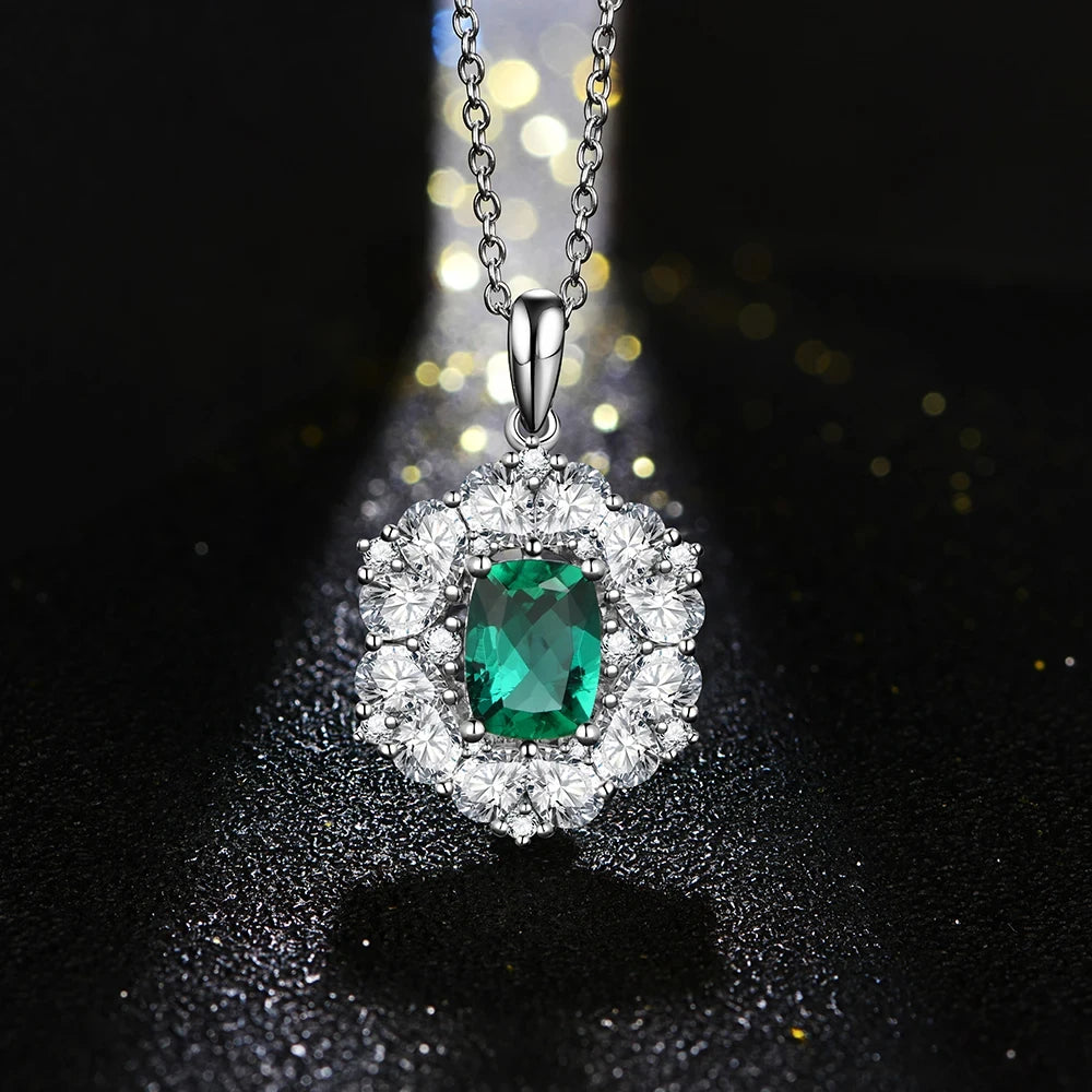 ATTAGEMS 925 Sterling Silver Emerald Stone Pendant Necklace With Chain 45cm Fine Jewelry Gift