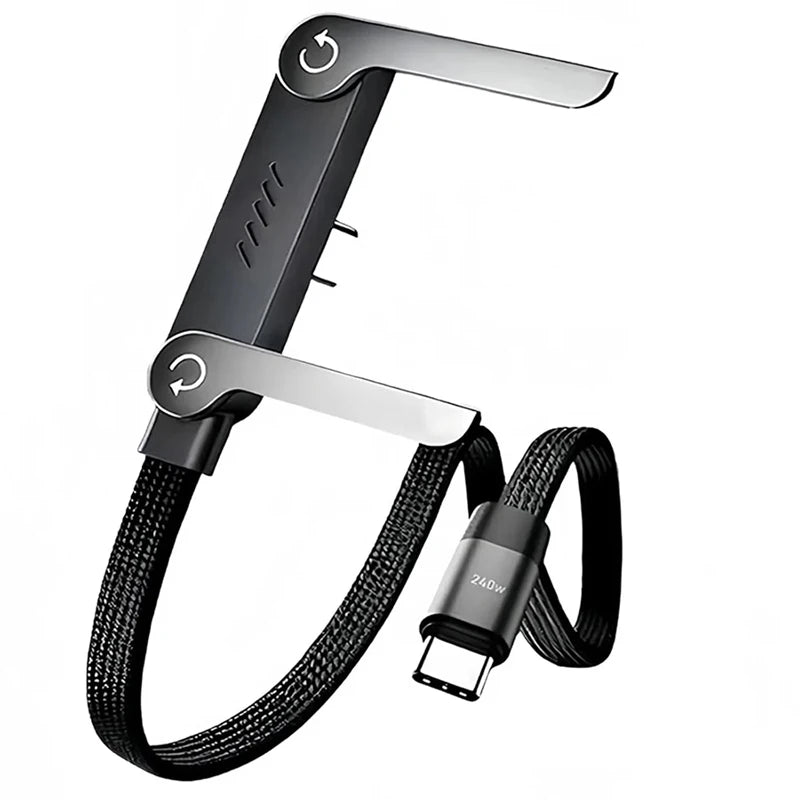 MAX 240W Flat Woven Fast Charging Cable with Built-In Phone Stand – Foldable Gaming Data Cable