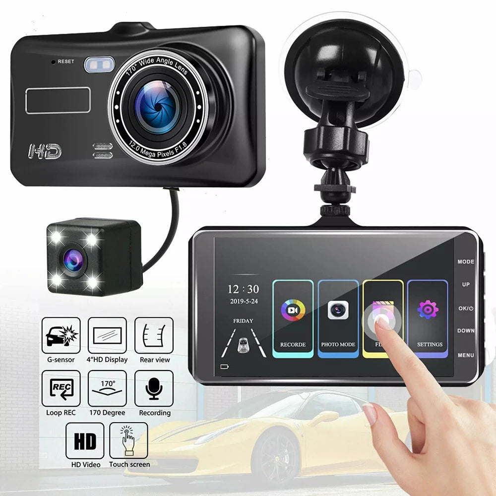4-inch 1080P Dash Cam Touch Screen – Front & Rear DVR G-Sensor Night Vision 24H Parking