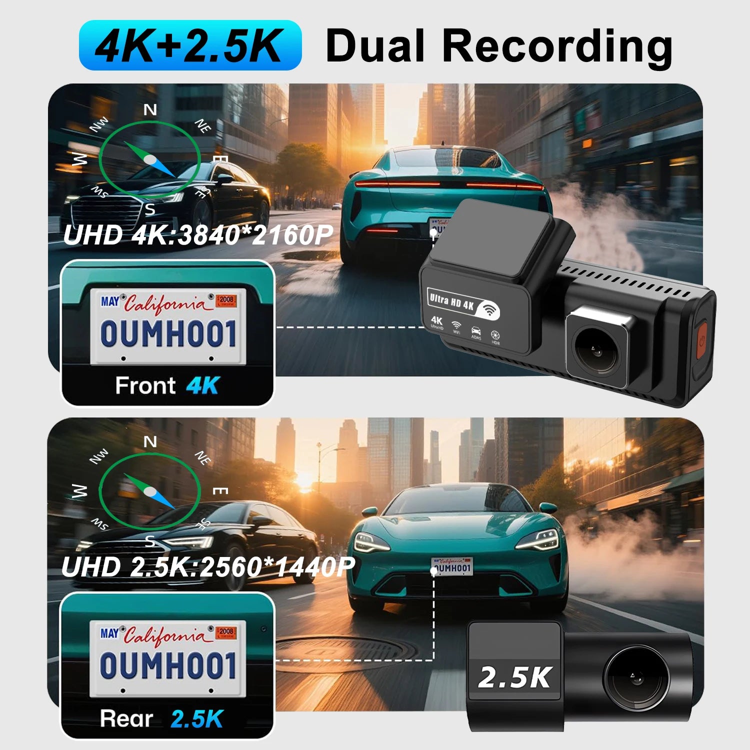 ADAS Dash Cam 4K+2.5K – GPS WIFI 24H Night Vision ADAS Optional Rear Lens