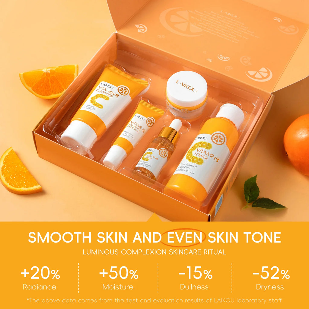 Vitamin C Skincare 5pcs Set Facial Care Brightening Essence Cream Serum Cleanser Toner Eye Cream Moisturizing