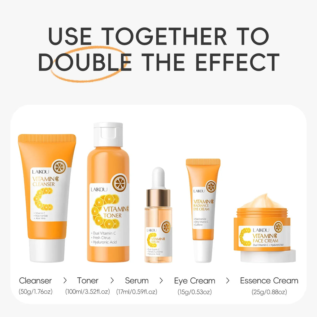 Vitamin C Skincare 5pcs Set Facial Care Brightening Essence Cream Serum Cleanser Toner Eye Cream Moisturizing