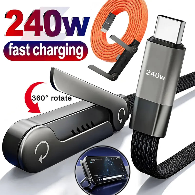 240W USB-C Charging Cable with Foldable Phone Stand – USB-C to C, iPhone 15-17 & Android