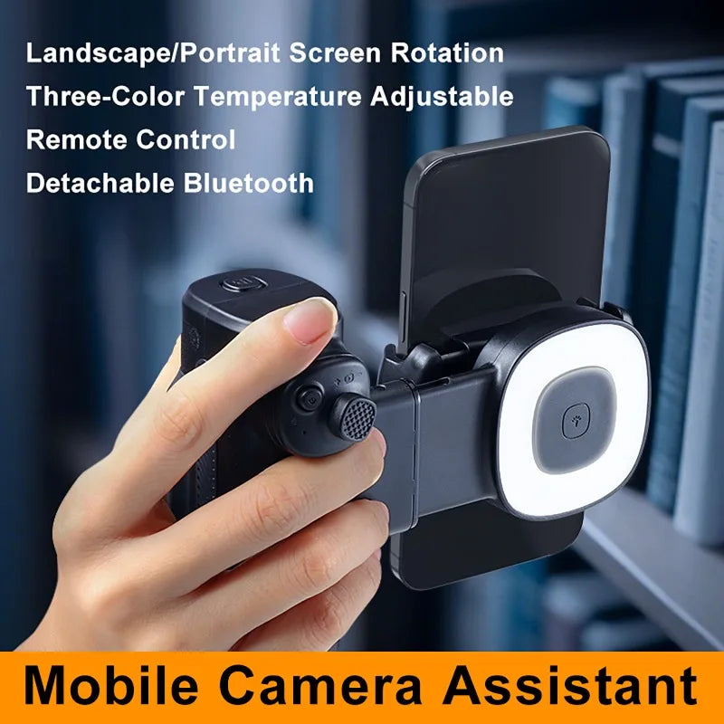 Portable Handle Mobile Camera Assistant with Bluetooth LED Selfie Light Adjustable Angle for Phone Photography Live Streaming