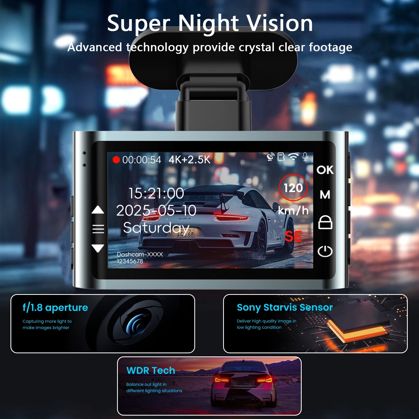 4K Front & 2.5K Rear Dash Cam – SONY IMX678 WIFI GPS 24H Parking Night Vision