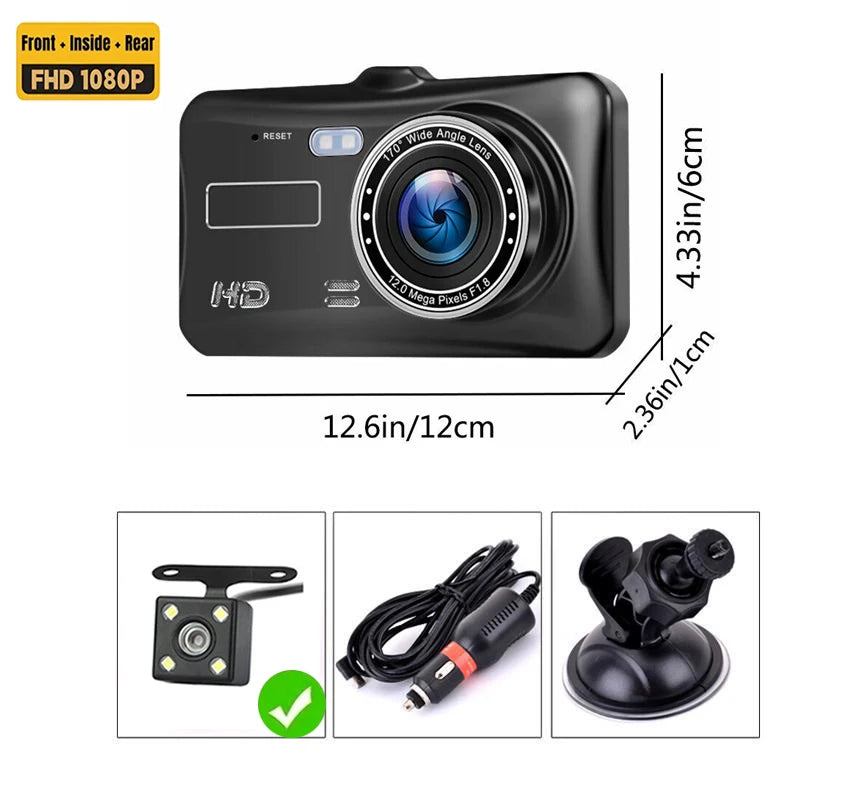 4-inch 1080P Dash Cam Touch Screen – Front & Rear DVR G-Sensor Night Vision 24H Parking