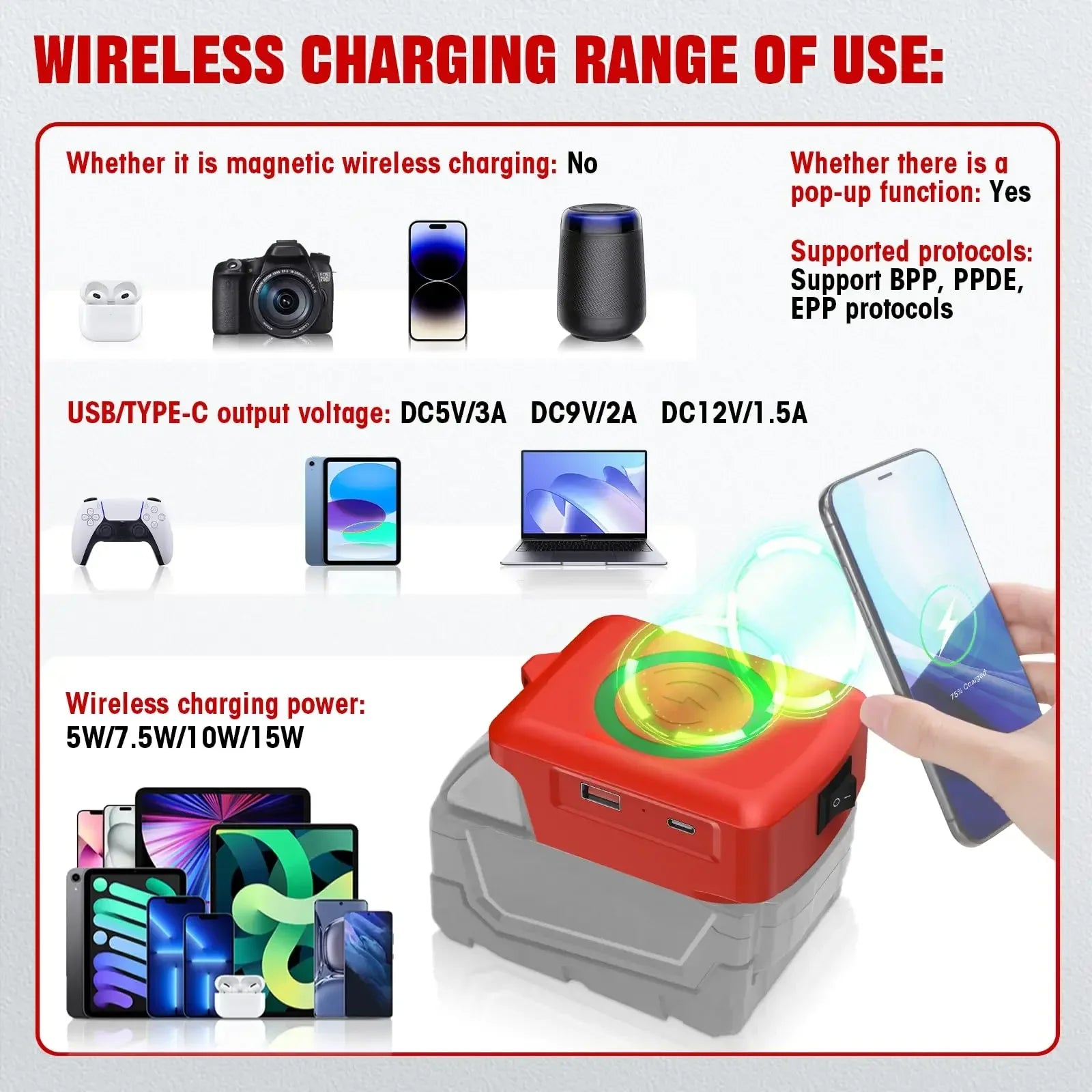 Wireless Phone Charger for Milwaukee 18V Battery,Battery Adapter with USB and Type-C Output, for Camping Travel,Outdoor Working