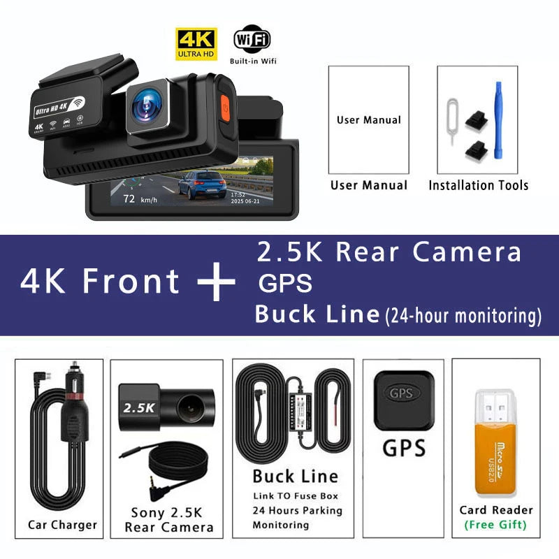 ADAS Dash Cam 4K+2.5K – GPS WIFI 24H Night Vision ADAS Optional Rear Lens